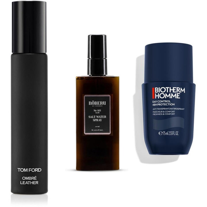 Tom Ford gavesæt med sort Ombré Leather spray, brun saltvandsspray og mørkeblå deodorant