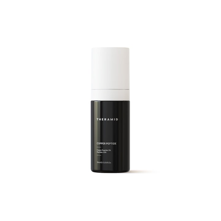 Theramid Copper Peptide 30 ml anti-age serum der styrker huden i en minimalistisk sort flaske med hvidt låg