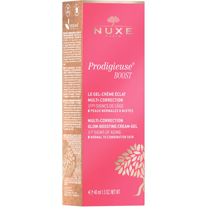 Nuxe Créme Prodigieuse Boost 40 ml glødgivende gelcreme i lyserød og guld æske mod de første alderstegn