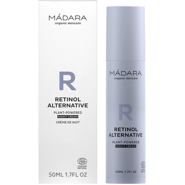 MÁDARA Retinol Alternative 50 ml plantebaseret natcreme i lysegrå flaske med hvid yderemballage