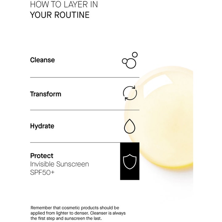 Niche Beauty Lab Transparent Lab Invisible Sunscreen 100 ml SPF 50 solcreme vist i en hudplejerutine med gel-tekstur.