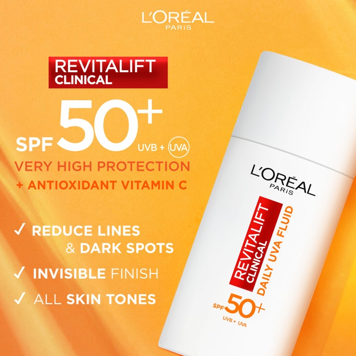 L'Oréal Paris Revitalift Clinical 50 ml solcreme med SPF 50 og vitamin C der reducerer fine linjer.