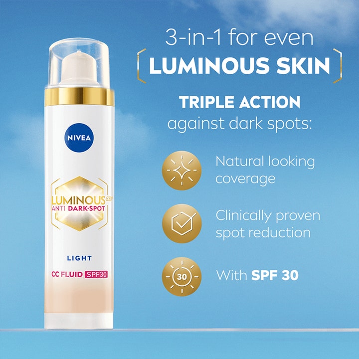 NIVEA Luminous 630 CC Fluid 40 ml ansigtsserum mod mørke pletter i hvid pumpeflaske med SPF 30