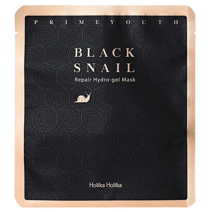 Holika Holika Prime Youth Black Snail Mask 25g reparerende ansigtsmaske i sort emballage med rosenmønster og guldkant