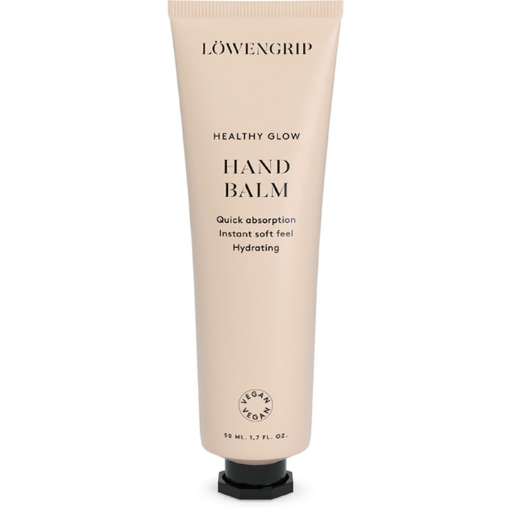 Löwengrip Healthy Glow Hand Balm 50 ml fugtgivende håndcreme i en beige tube med sort låg der giver bløde hænder