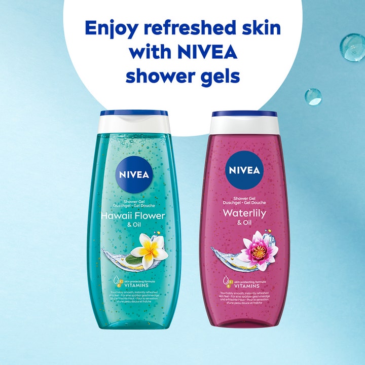 NIVEA Caring Shower Gel Waterlily & Oil 250 ml opfriskende duschtvål i pink og turkis flaske med blomster
