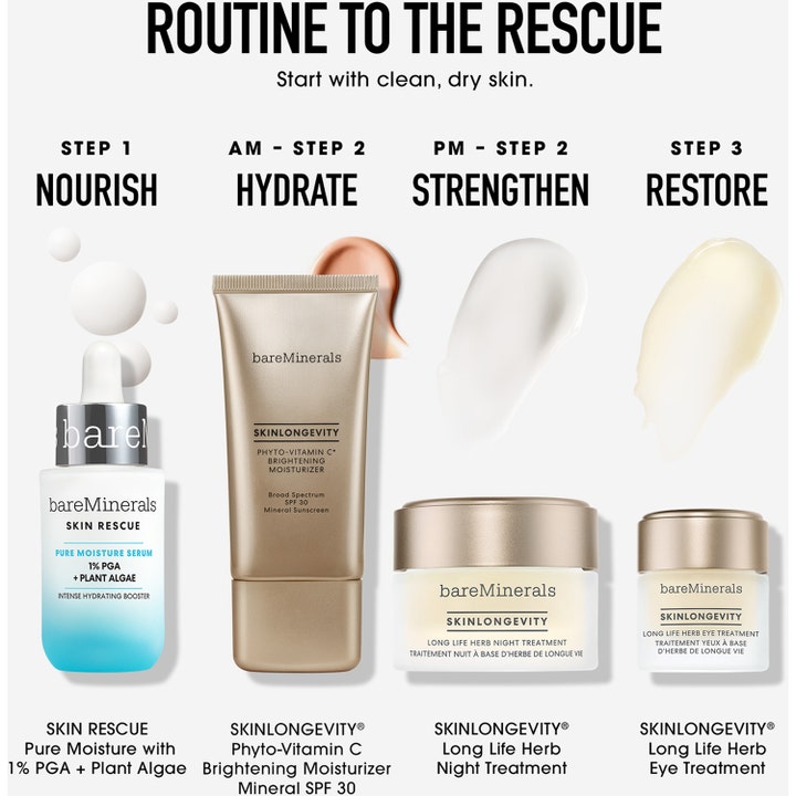 bareMinerals Skin Rescue Pure Moisture Serum 30 ml viser en ansigtsplejerutine med serum og fugtighedscremer