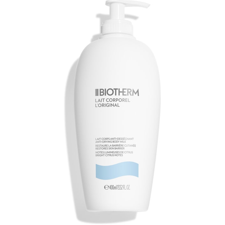 Biotherm Lait Corporel L'Original 400ml fugtgivende bodymilk mod tør hud i hvid flaske med pumpe og blå bølge