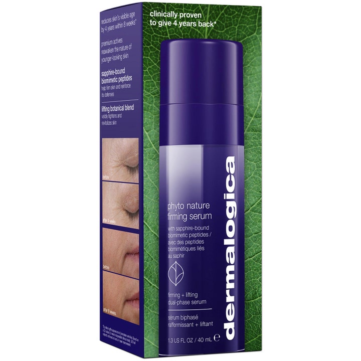 Dermalogica Phyto-Nature Firming Serum 40 ml i lilla flaske foran æske med før og efter billeder