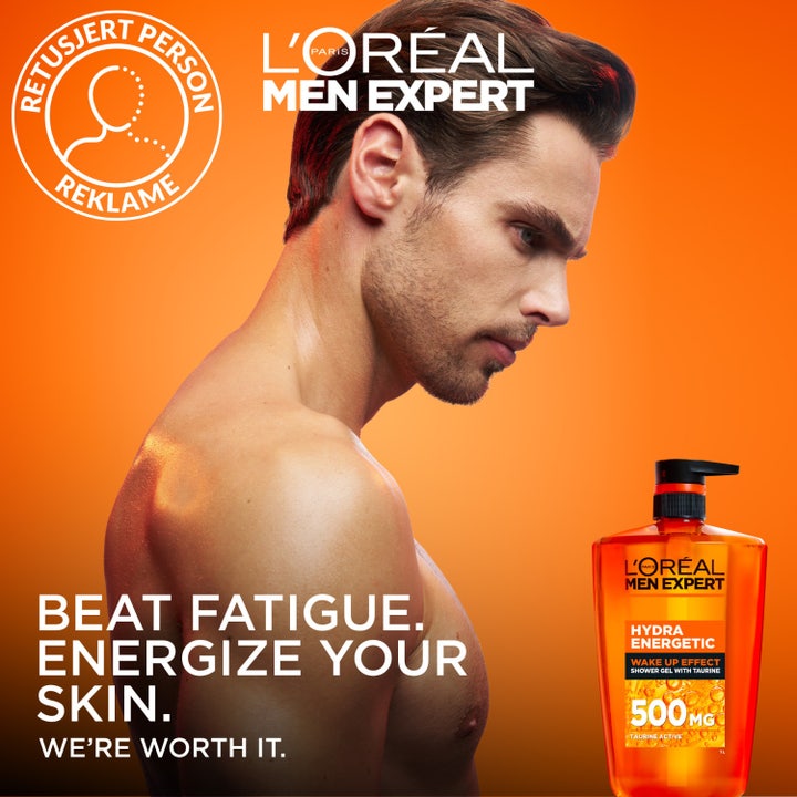 L'Oréal Paris Men Expert Hydra Energetic 1000 ml opfriskende showergel med taurin i orange flaske med pumpe.