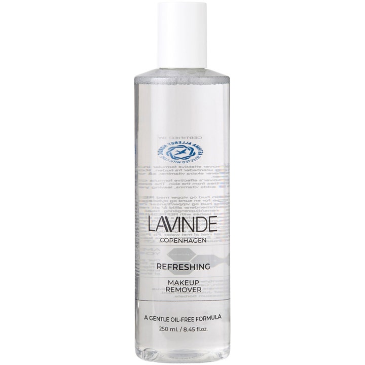 Lavinde Copenhagen Refreshing Makeup Remover 250 ml skånsom oliefri makeupfjerner i klar flaske med hvidt låg