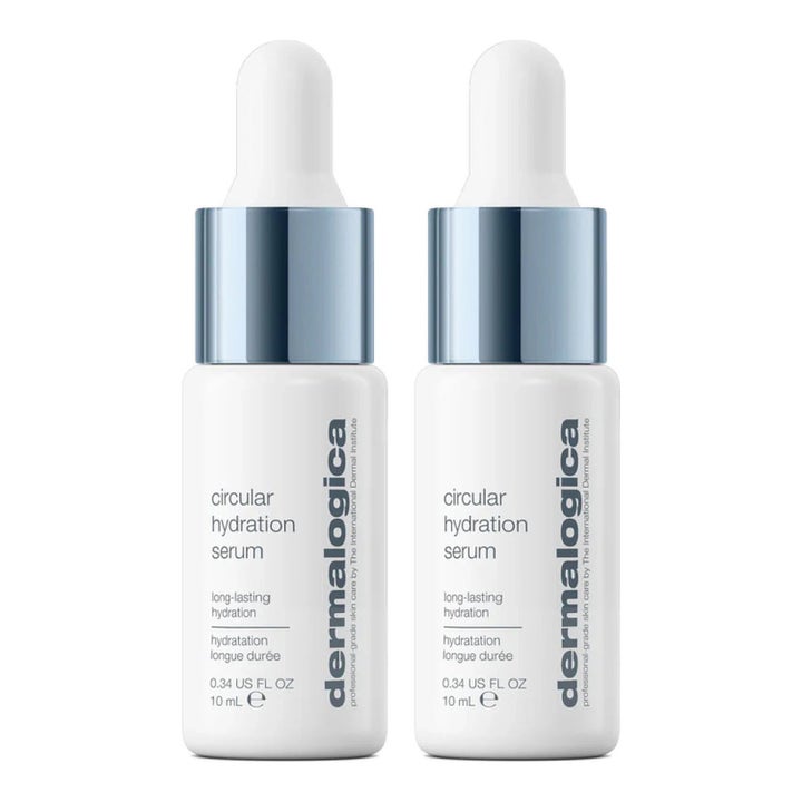 Dermalogica Circular Hydration Serum 10 ml fugtgivende ansigtsserum i to hvide flasker med blå krave og hvid pipette.