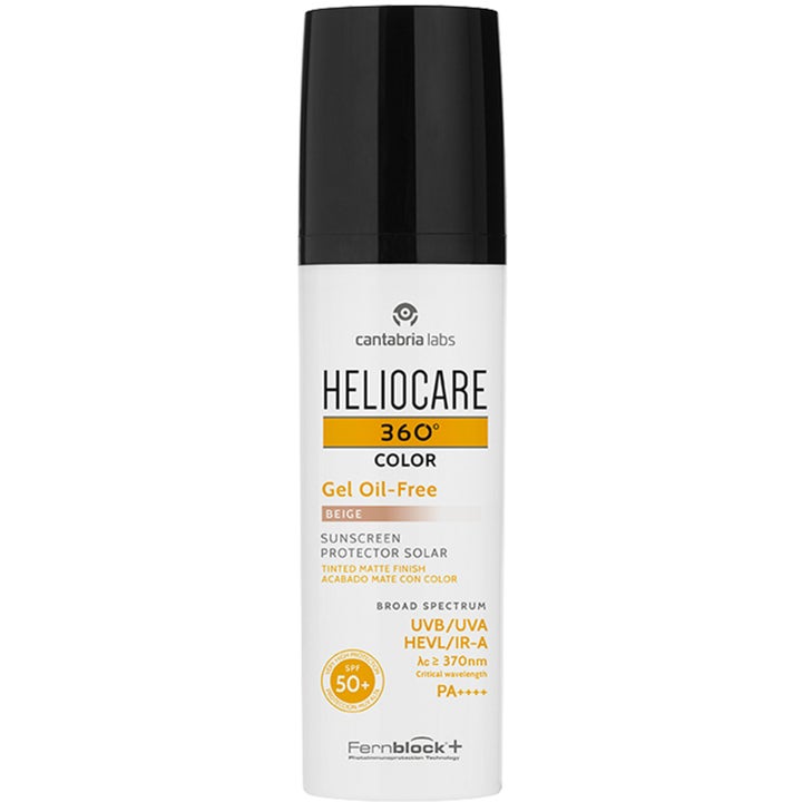Heliocare 360 Color Gel Oil-Free Beige SPF 50+ solbeskyttelse giver mat finish i hvid pumpeflaske med sort låg.