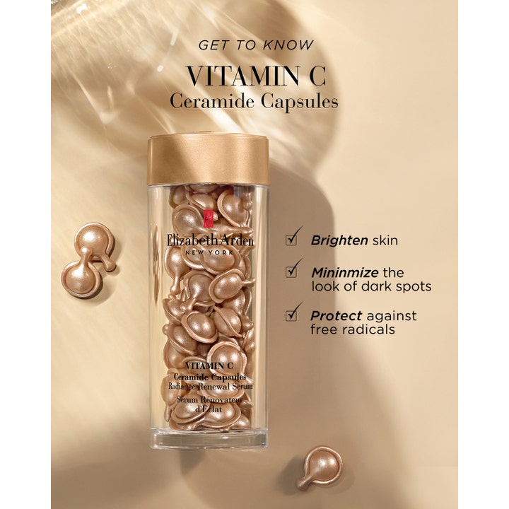 Elizabeth Arden Ceramide Capsules Vitamin C 30 stk lysgivende serum i guld kapsler i krukke med infotekst