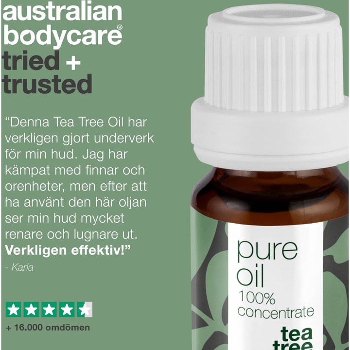 Australian Bodycare Pure Oil 10 ml ansigtsolie mod urenheder vist med en positiv kundeanmeldelse og stjerner.