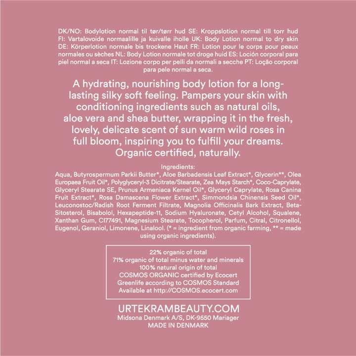 Urtekram Soft Wild Rose 245 ml kropslotion til tør hud med ingrediensliste og COSMOS-certificering