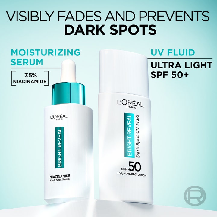 L'Oréal Paris Bright Reveal 30 ml serum mod mørke pletter med 7,5% niacinamid og ultra let SPF 50+ UV-fluid.