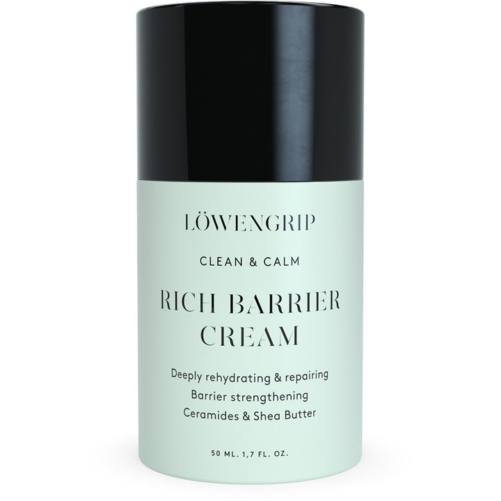 Löwengrip Clean & Calm Rich Barrier Cream 50 ml fugtgivende ansigtscreme i lysegrøn emballage med sort låg