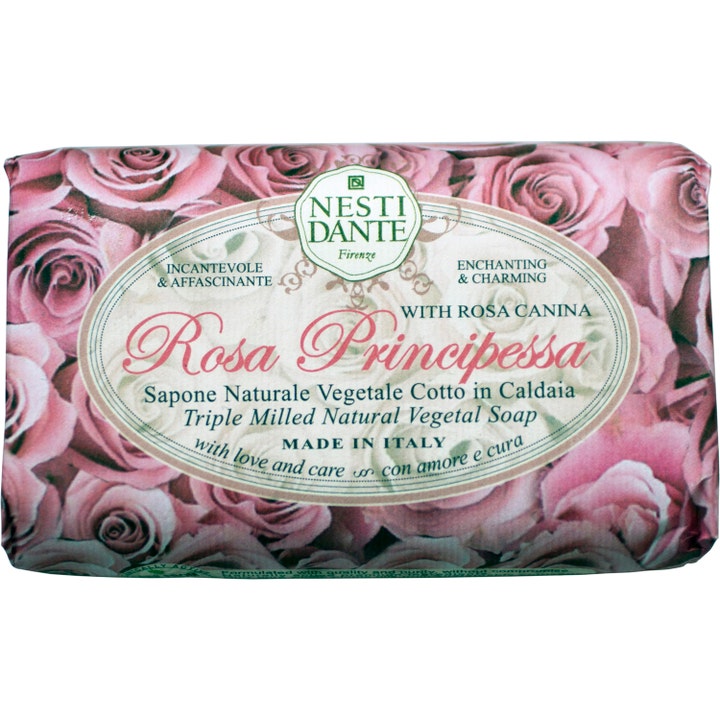 Nesti Dante Rosa Principessa 250 g vegetabilsk fast sæbe med rosenduft i blomstret papirindpakning