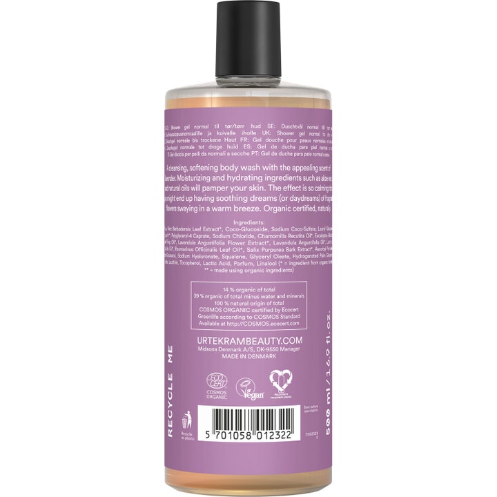 Urtekram Soothing Lavender Body Wash 500 ml beroligende duschtvål bagside med ingrediensliste og vegansk logo