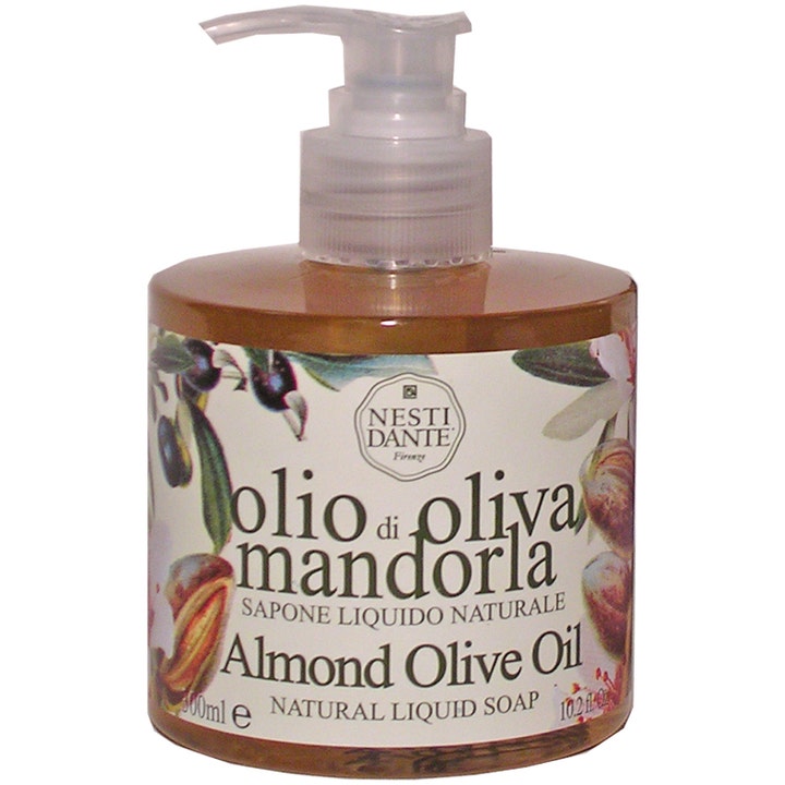Nesti Dante Almond Olive Oil 300ml naturlig flydende sæbe i gennemsigtig pumpeflaske med gylden væske