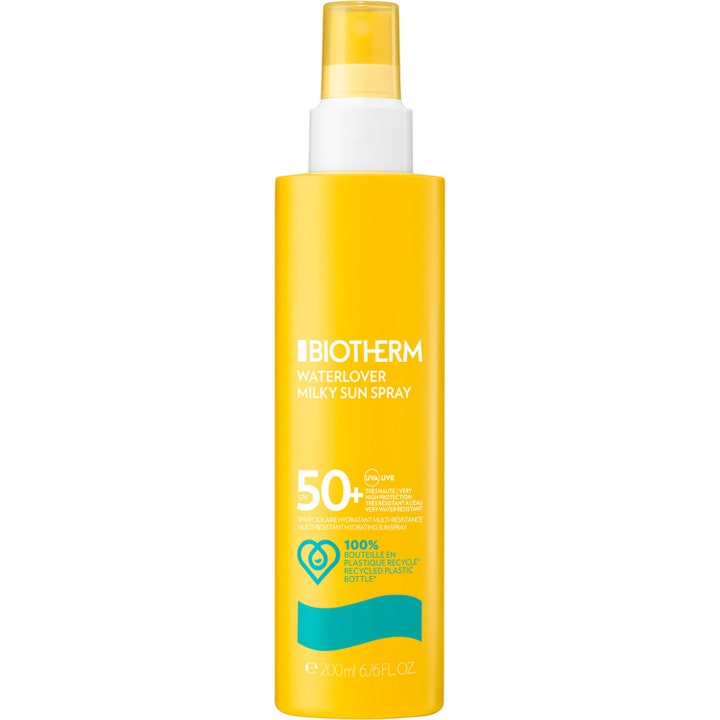 Biotherm Waterlover Milky Sun Spray 200 ml fugtgivende solspray i gul plastflaske med hvid pumpe og turkis bølge