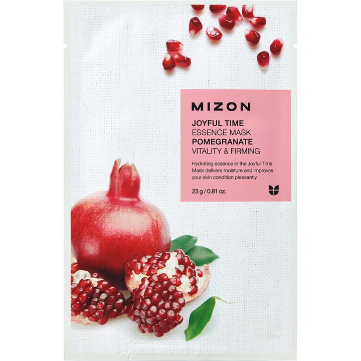 Mizon Joyful Time Essence Mask Pomegranate 23 g opstrammende ansigtsmaske med motiv af friske granatæbler