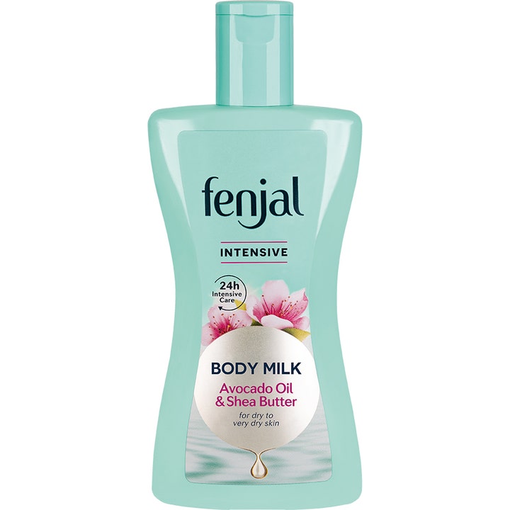 Fenjal Intensive Body Milk fugtgivende kropspleje med avocadoolie og sheasmør i en lyseblå flaske med blomster.