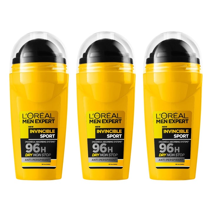 L'Oréal Men Expert Invincible Sport 3-pak antiperspirant deodorant i gule roll-on flasker med sorte detaljer.
