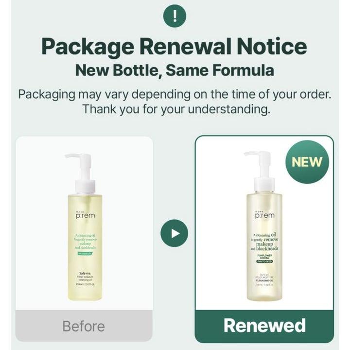 Make Prem Safe Me Relief Moisture Cleansing Oil 210 ml fugtgivende renseolie i en let lysegul flydende tekstur