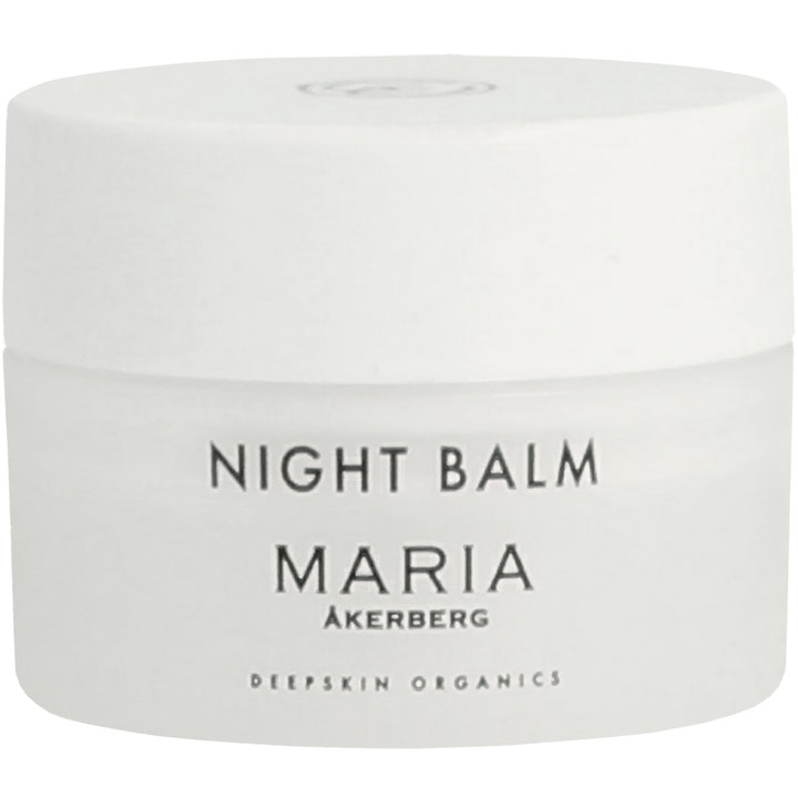 Maria Åkerberg Night Balm 50 ml fugtgivende natcreme i en hvid krukke med hvidt låg og minimalistisk sort tekst