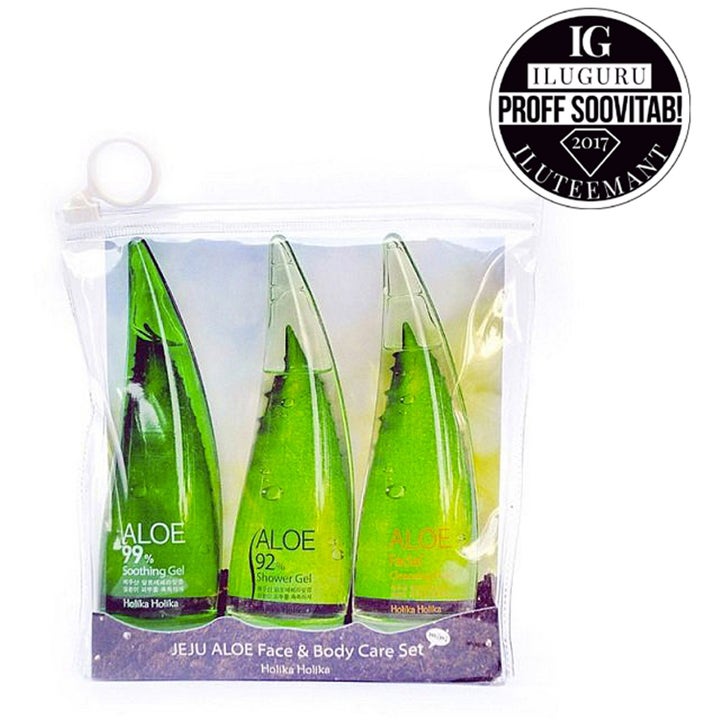 Holika Holika Jeju Aloe Face & Body Care Set 3 stk fugtgivende plejesæt med grønne bladformede flasker i klar lynlåspose
