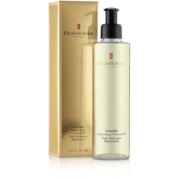 Elizabeth Arden Ceramide Replenishing Cleansing Oil 200 ml plejende ansigtsrens i klar flaske ved en guldæske.