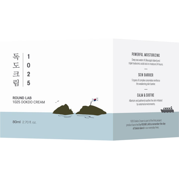 Round Lab 1025 Dokdo Cream 80 ml fugtgivende dagcreme i hvid papæske med illustration af øer og tekst.