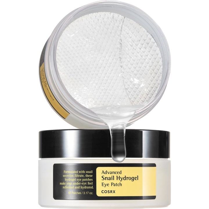 COSRX Advanced Snail Hydrogel Eye Patches 60 stk fugtgivende øjenmasker i krukke med synlig tekstur af snegleslim