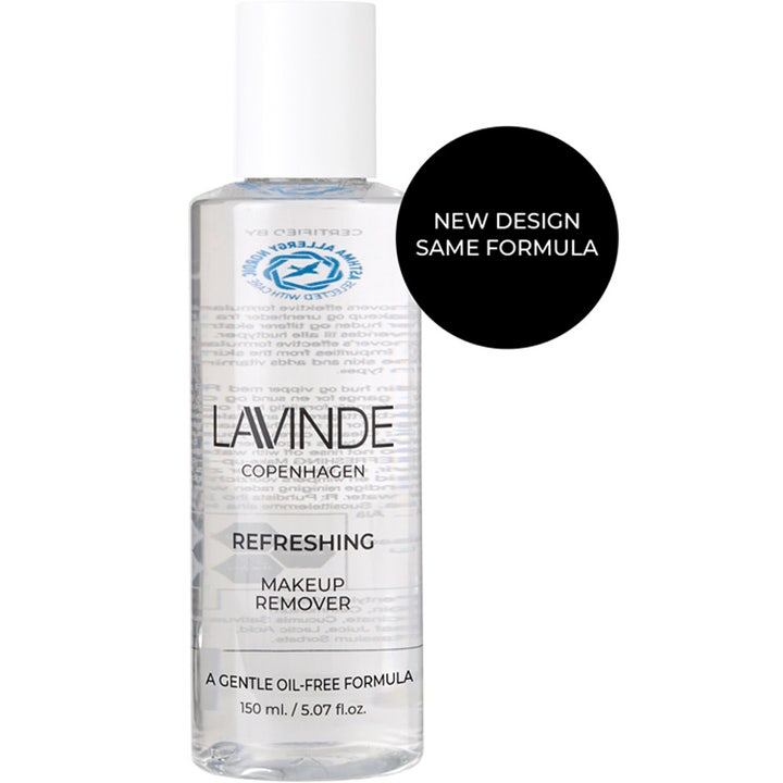 Lavinde Copenhagen Refreshing Eye Makeup Remover 150 ml oliefri ansigtsrens i gennemsigtig flaske med hvidt låg