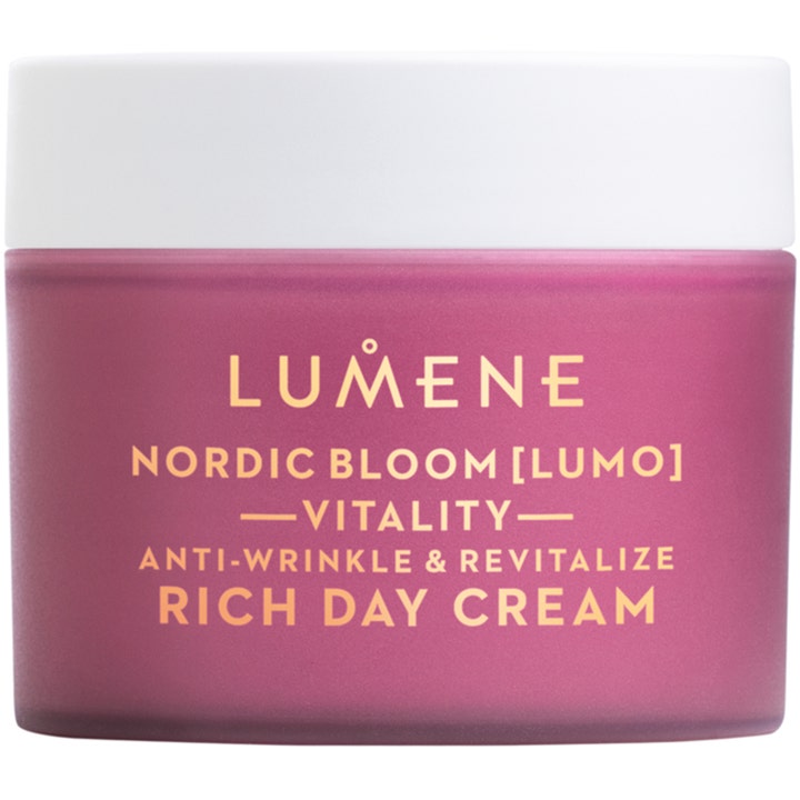 Lumene Nordic Bloom Lumo Vitality Rich Day Cream 50 ml revitaliserende dagcreme i lilla krukke med hvidt låg