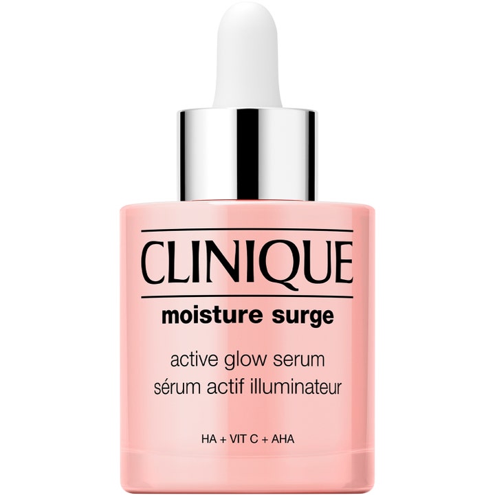 Clinique Moisture Surge Active Glow Serum giver fugt og glød i en lyserød flaske med sølvhætte og hvid pipette.