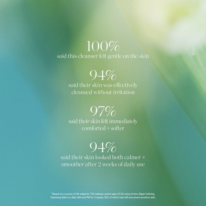KORA Organics Active Algae Melting Cleansing Balm 100 g infografik viser at 100% føler rensen er mild og 97% får blødere hud