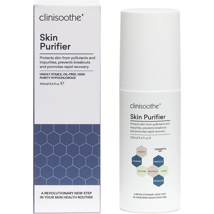 Clinisoothe Skin Purifier 100 ml beroligende toner spray i hvid flaske og æske med blåt bikubemønster