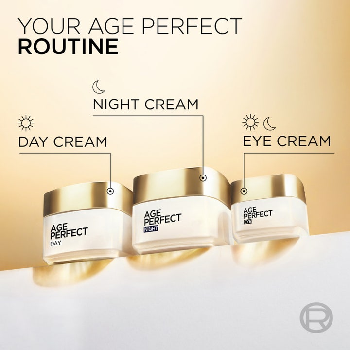 L'Oréal Paris Age Perfect Night Cream 50 ml opstrammende natcreme vist på moden kvinde med fast hud