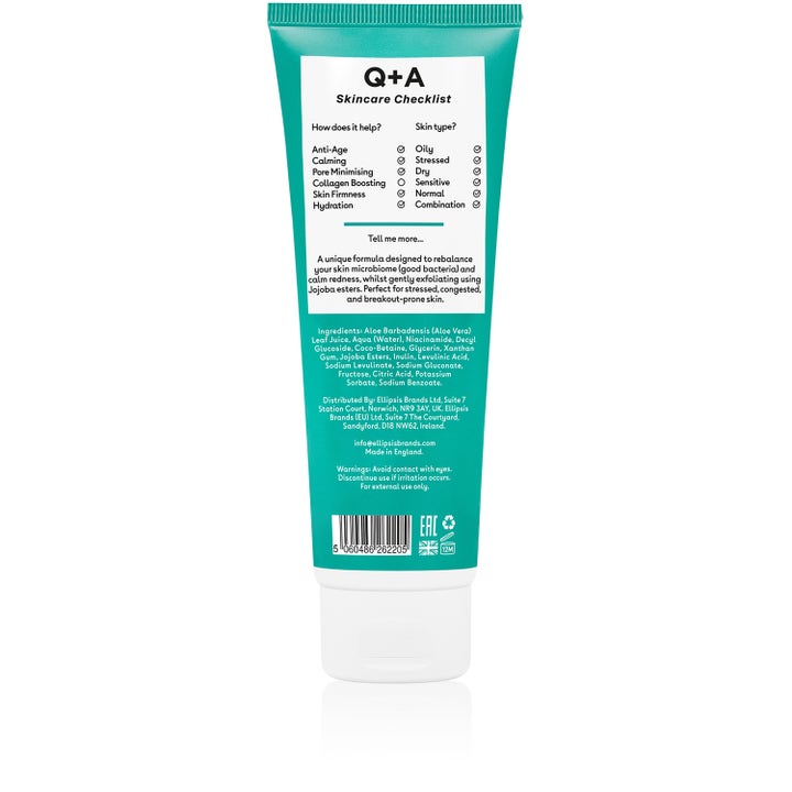 Q+A Niacinamide Gel Cleanser 125 ml rensende ansigtsgel på grøn tube med checkliste og ingredienser