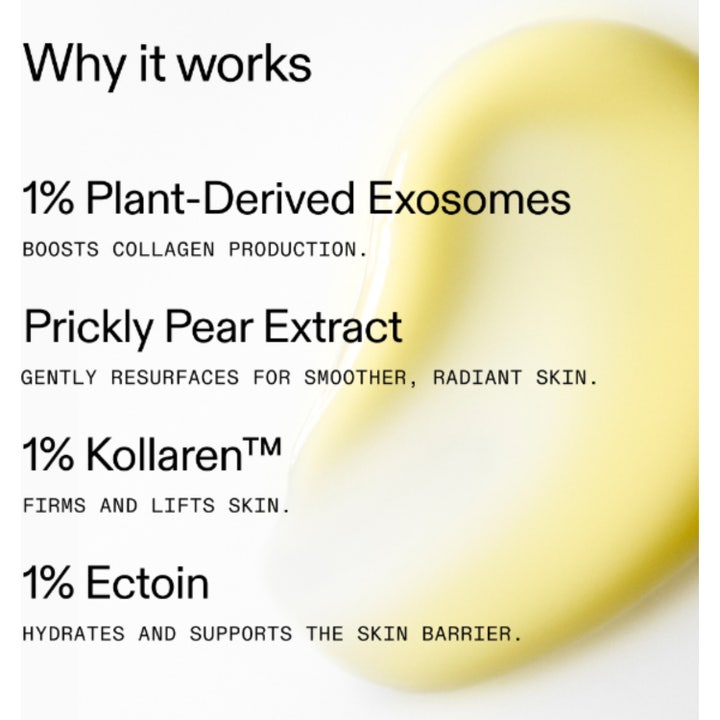 The INKEY List Exosome Hydro-Glow Complex 30 ml serum for glød viser en gul gel-tekstur og tekst om 1% exosomer og ectoin.