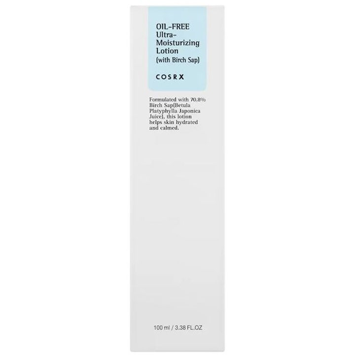 COSRX Oil Free Ultra Moisturizing Lotion 100 ml fugtgivende ansigtscreme med birkesaft i hvid og lyseblå emballage