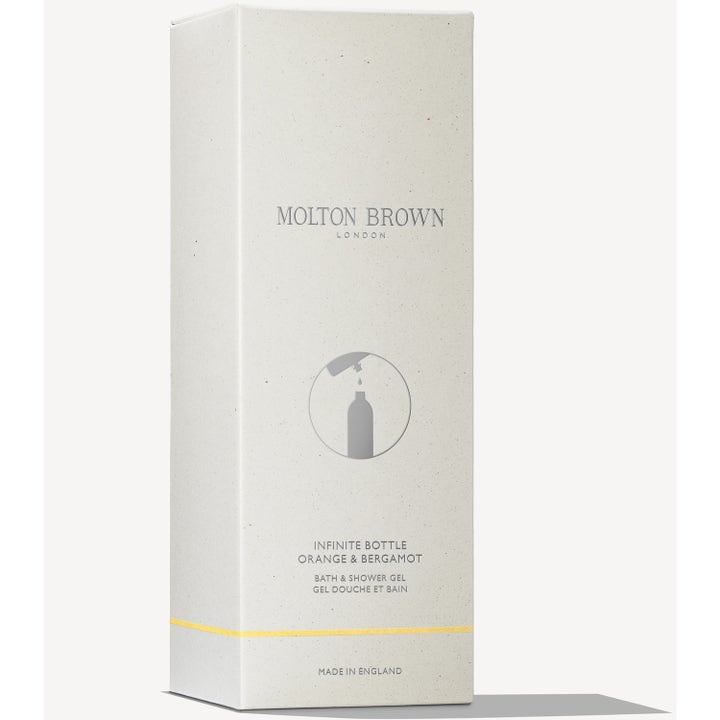 Molton Brown Orange & Bergamot Infinite Bath & Shower Gel 400 ml opfriskende showergel i lysegrå papæske med gult bånd.