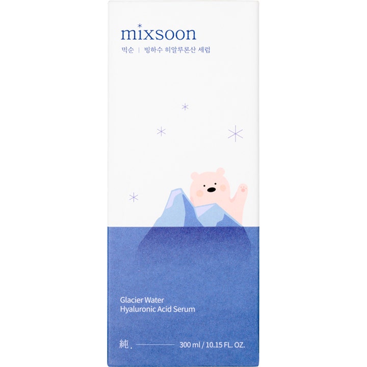 Mixsoon Glacier Water Hyaluronic Acid Serum 300 ml fugtgivende serum i hvid og blå papæske med isbjørn og gletsjer