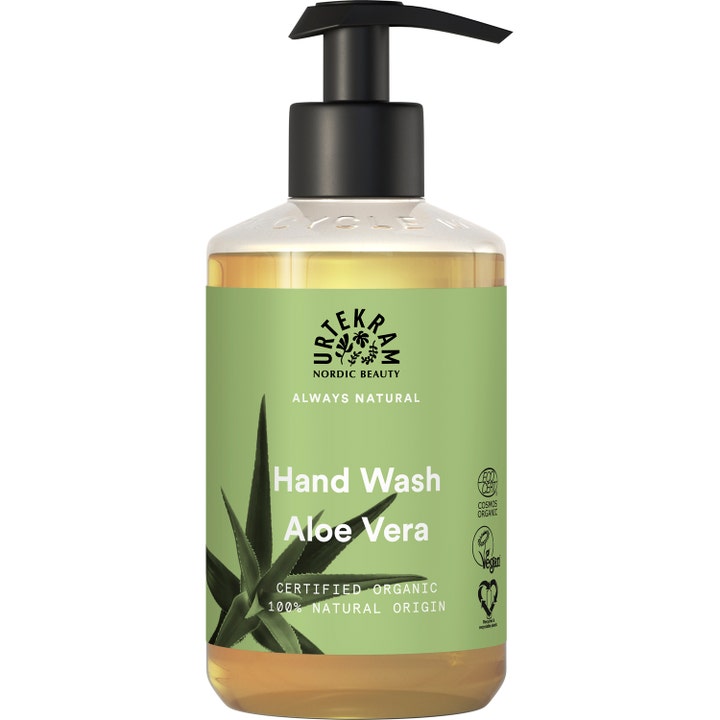 Urtekram Aloe Vera Hand Wash plejende håndsæbe i klar flaske med grøn etiket og sort pumpelåg.