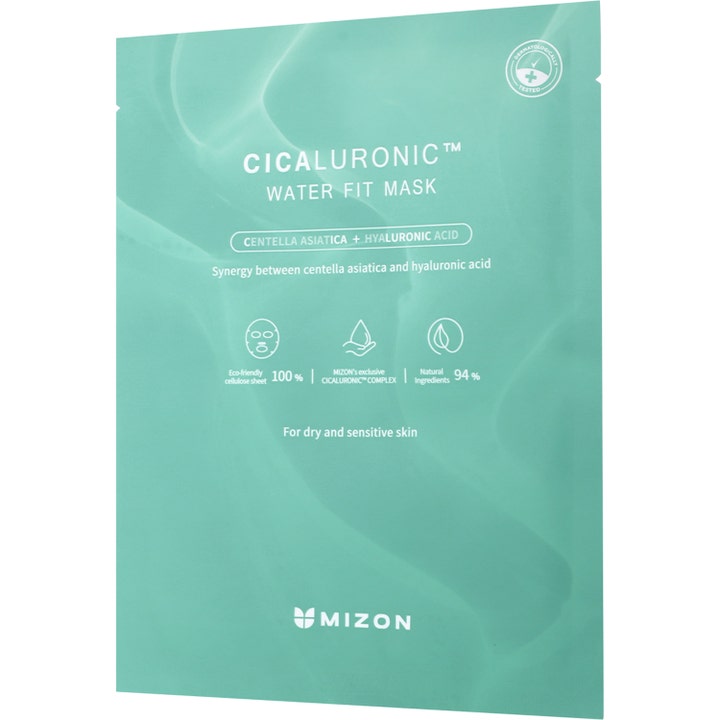 Mizon Cicaluronic Water Fit Mask 24 g fugtgivende ansigtsmaske i mintgrøn sachet med centella asiatica og hyaluronsyre.