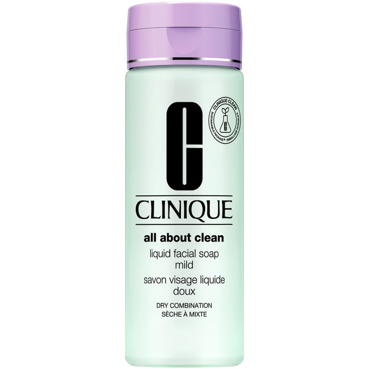 Clinique All About Clean Liquid Facial Soap Mild flydende ansigtsrens i lysegrøn flaske med lilla låg og sølvdetalje