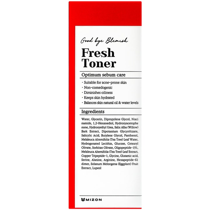 Mizon Good Bye Blemish Fresh Toner 120 ml balancerende toner i hvid papæske med rød kant og ingrediensliste
